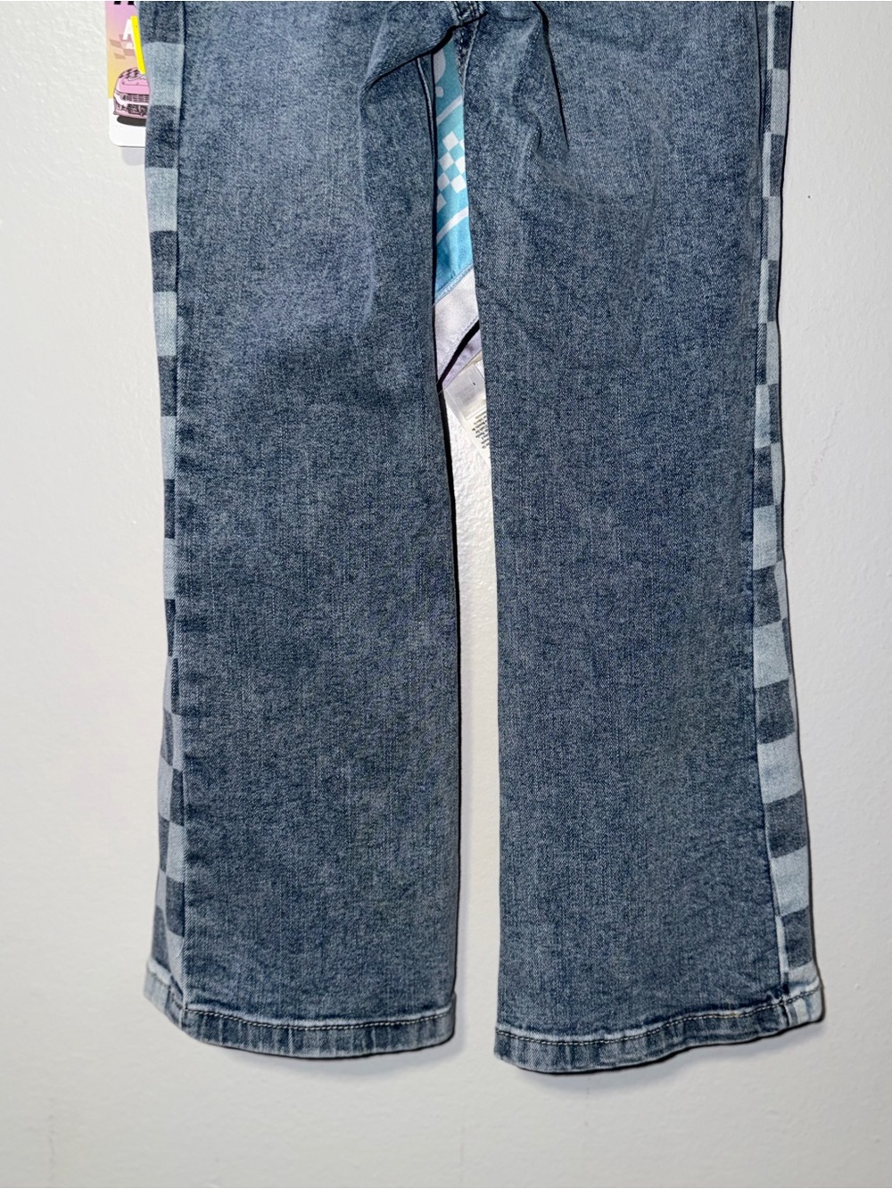 Justice Girls' Gray Checker-Trim Flare Denim Skirt with Blue Scarf Accent - Picture 6 of 6